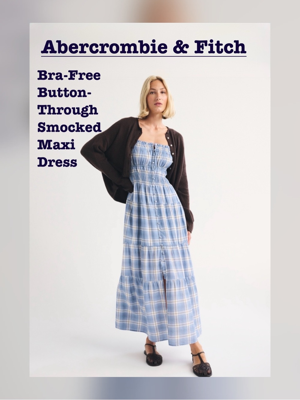 Abercrombie & Fitch Light Blue Plaid Smocked Maxi Dress